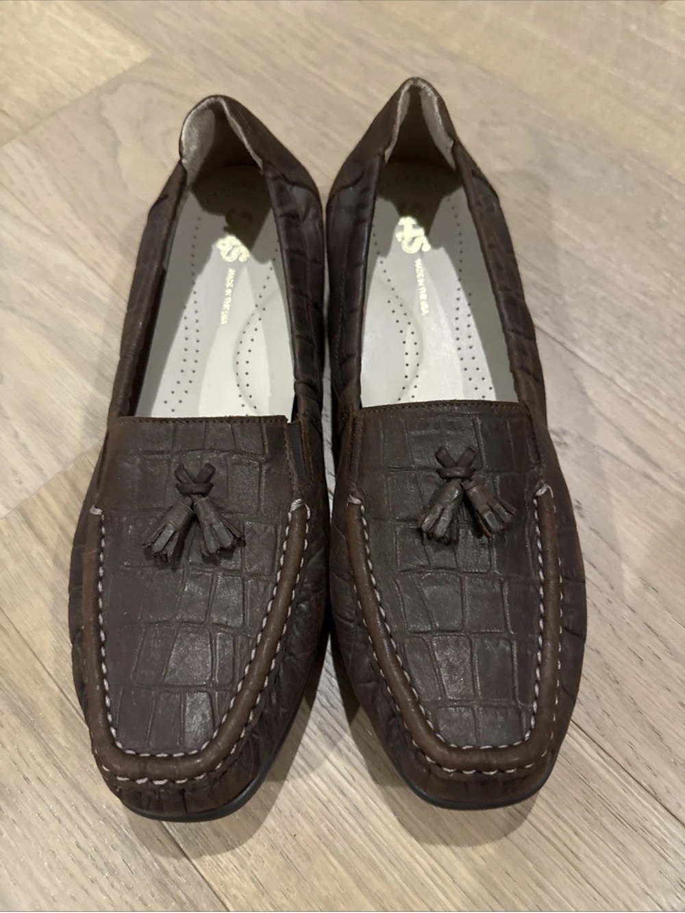 SAS Dark Brown Croc-Embossed Hope Tassel Loafers Square Toe Women’s 10